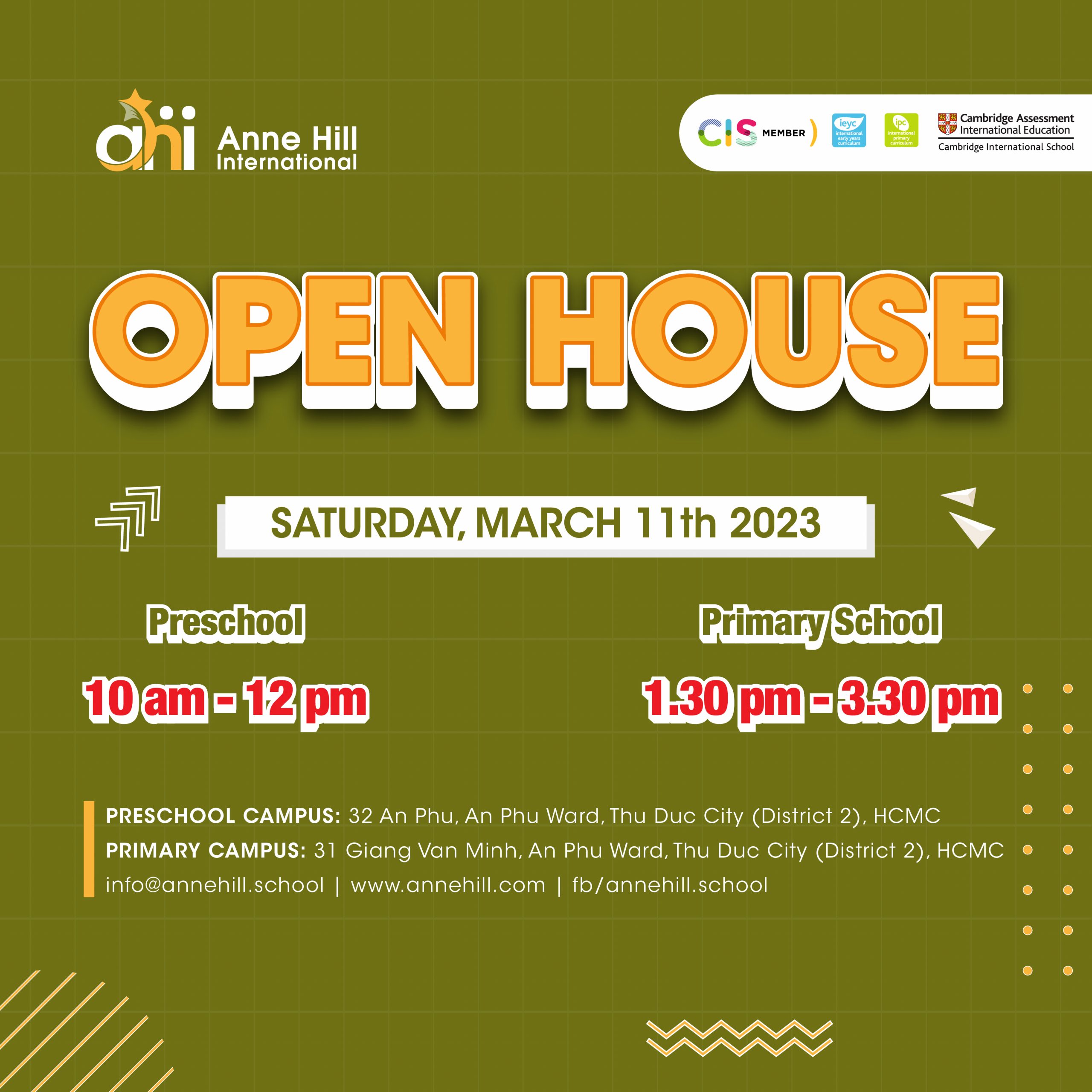 Onsite  AHI Open House 2023 (Preschool & Primary School) – [11th March, 2023]
