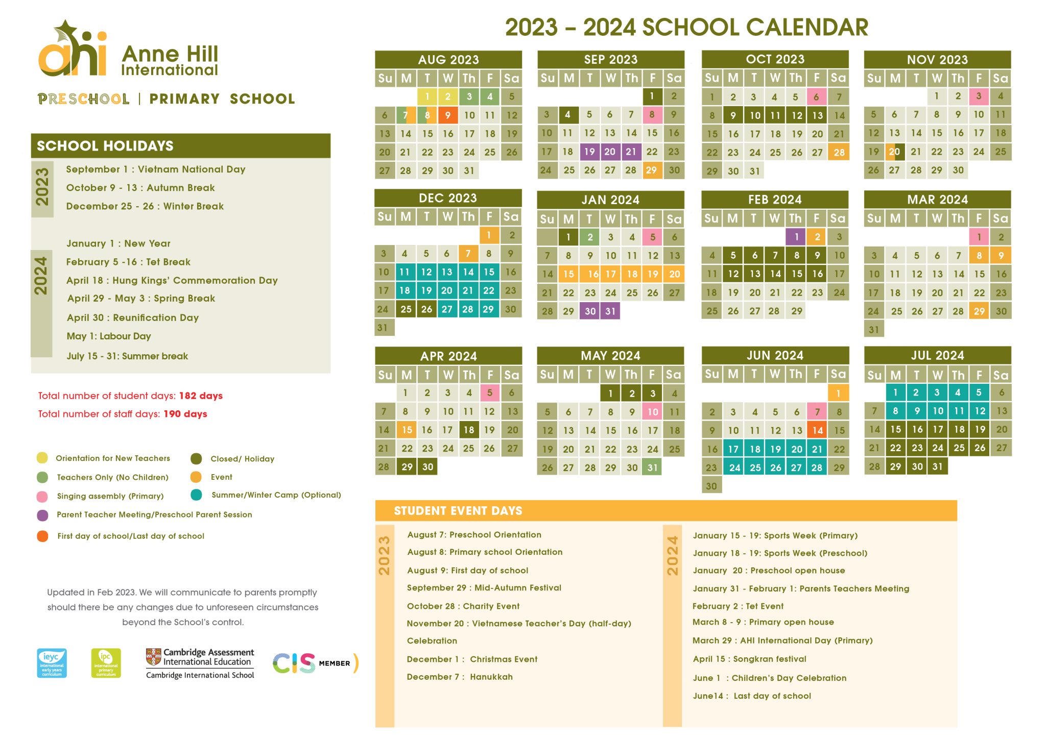 Term Dates & Holiday Breaks - Anne Hill International School